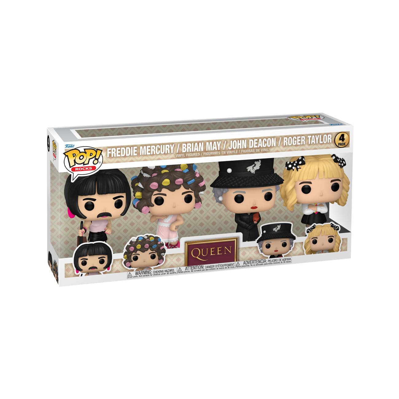 Funko montrant le coffret Queen 4-pack prêt à exposer pour collection organisée