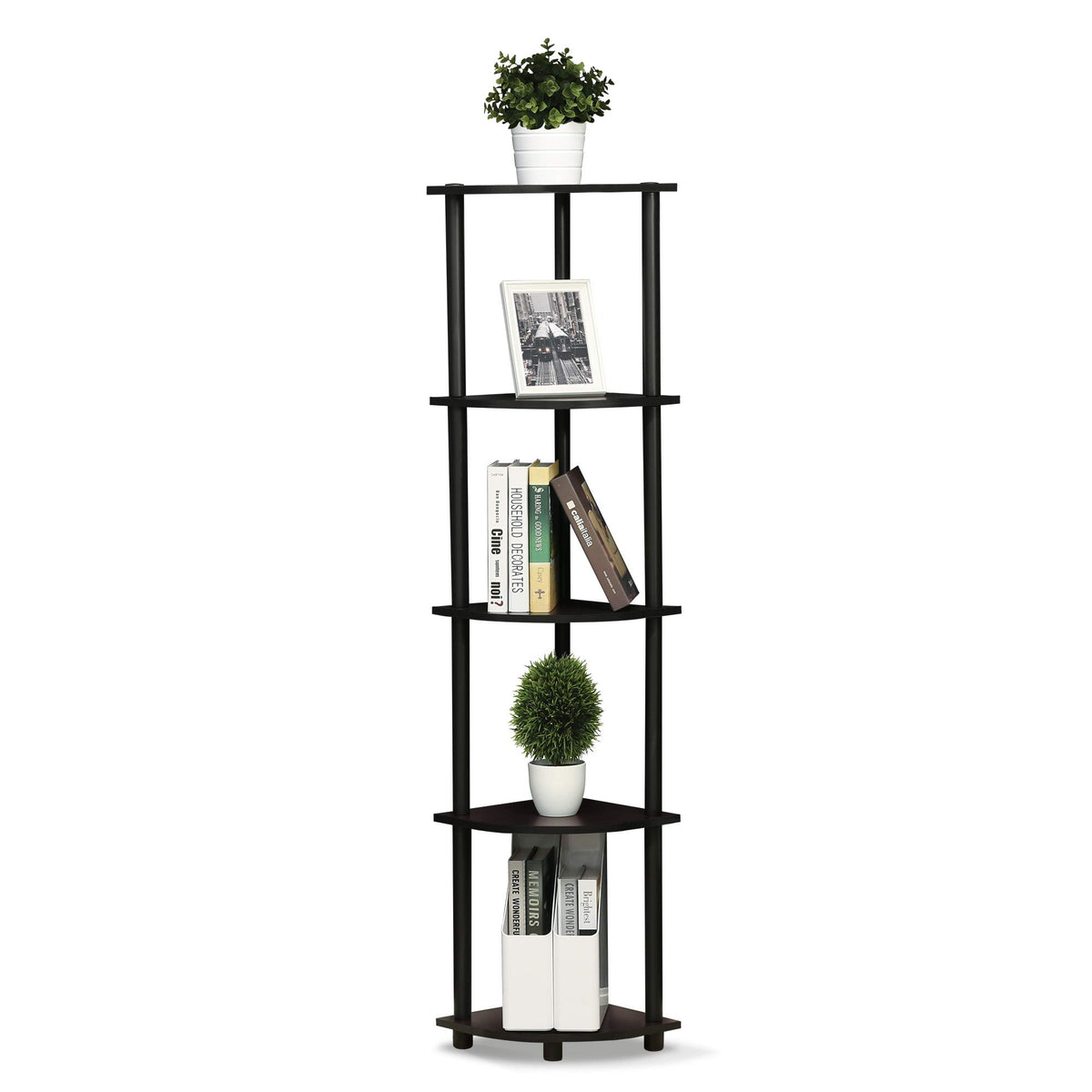 Furinno étagère d'angle face en dark walnut, gain d'espace vertical