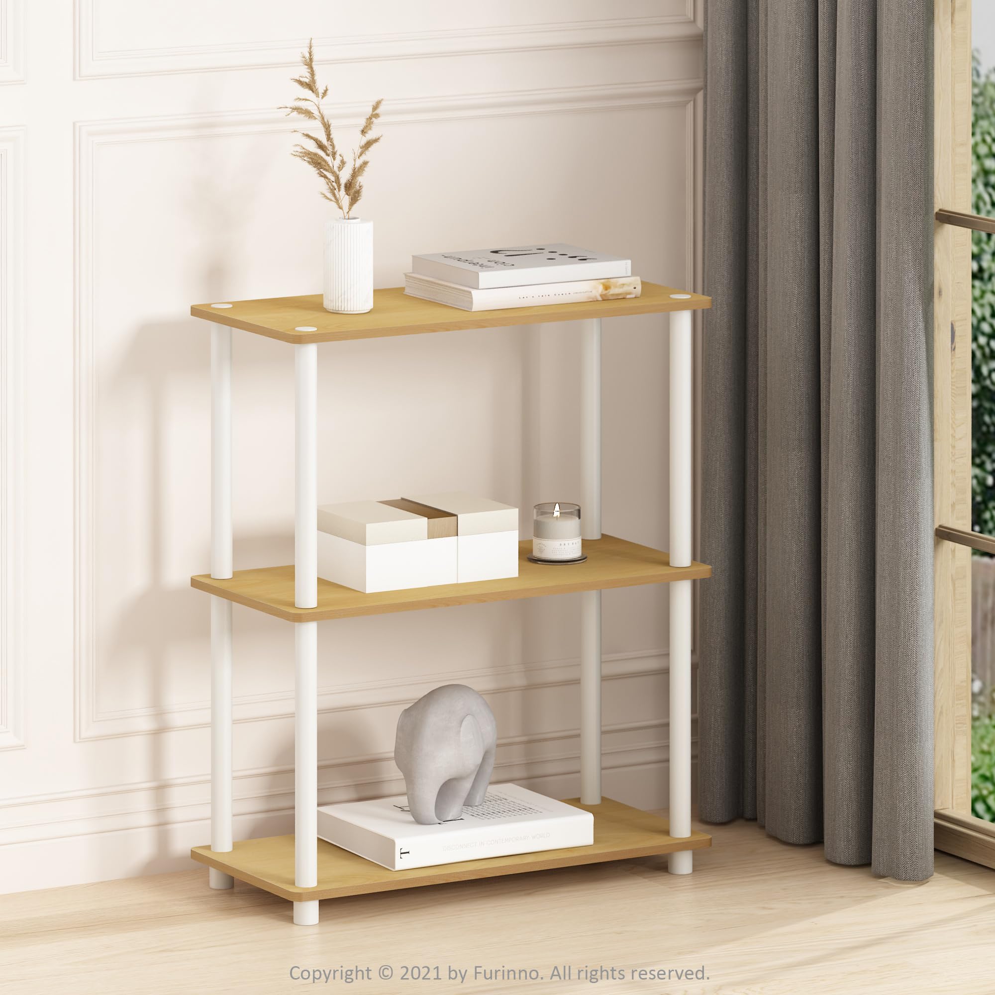 Furinno étagère angle installée dans coin pour optimisation d'espace