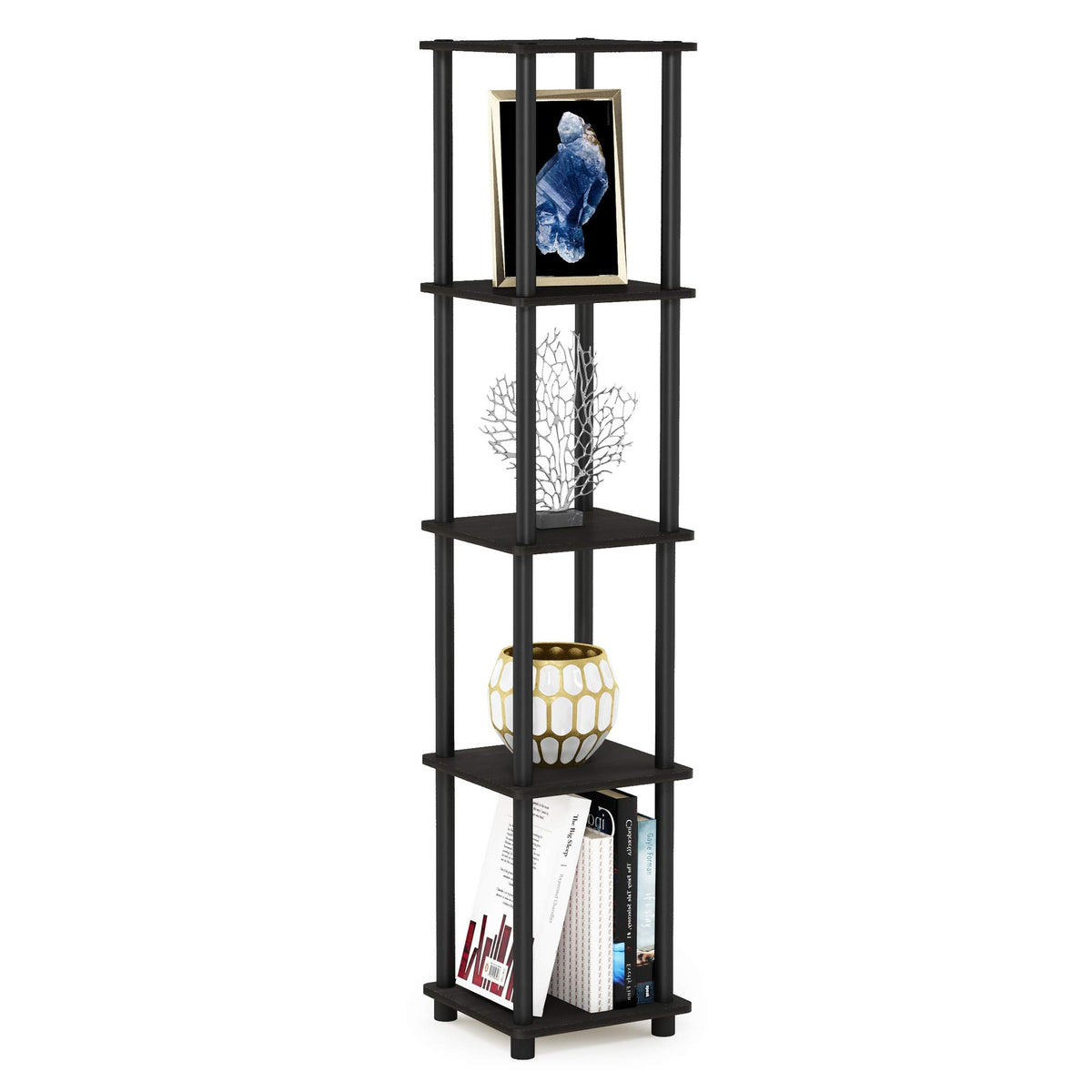Furinno étagère d'angle vue de face montrant rangement compact et gain de place