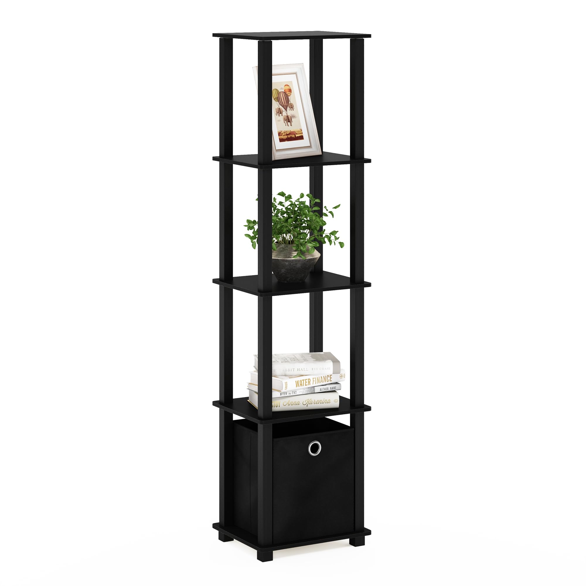 Furinno étagère de face noire montrant une silhouette compacte et gain de place