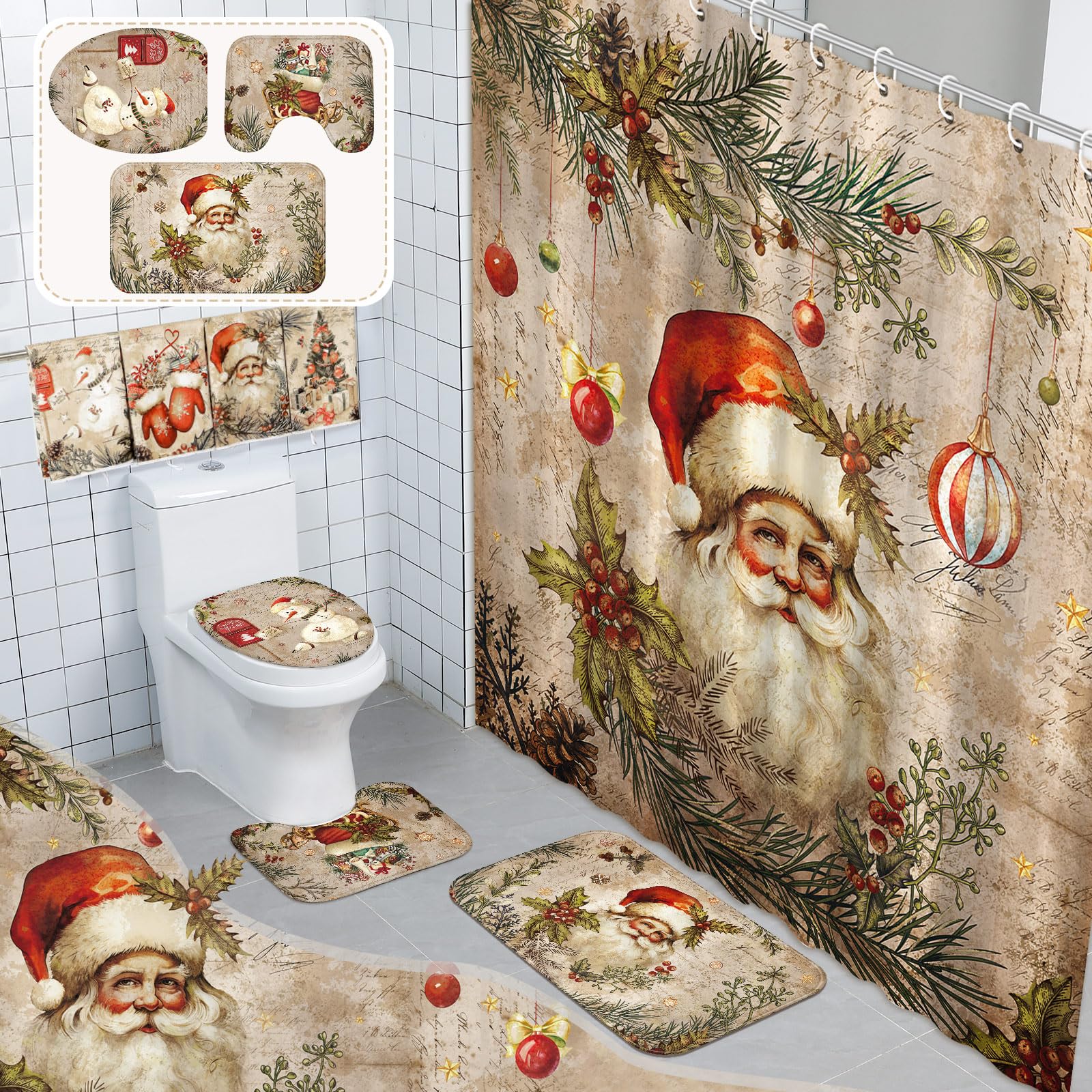 FuWeave rideau de douche Père Noël montrant décor festif et protection eau
