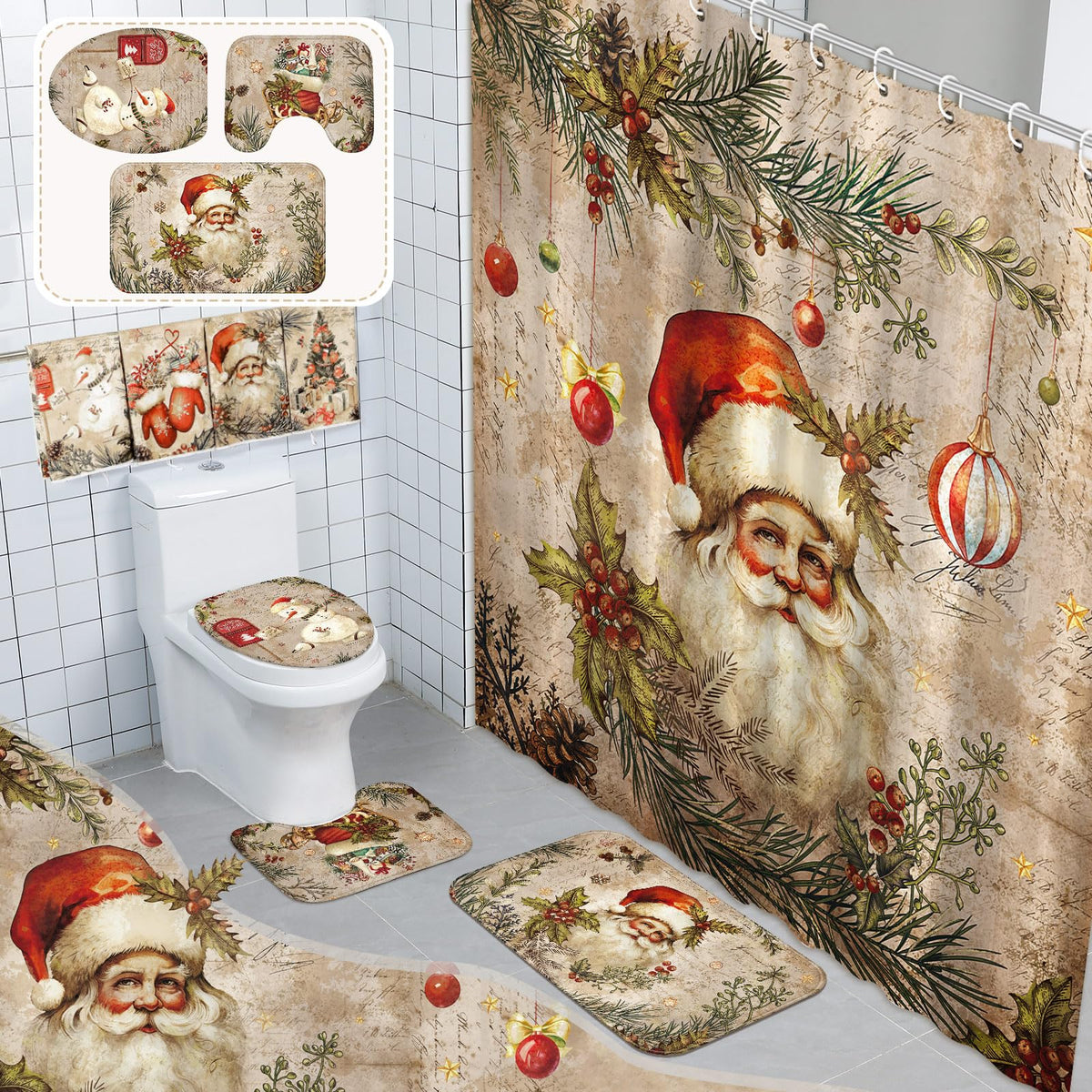 FuWeave rideau de douche Père Noël montrant décor festif et protection eau