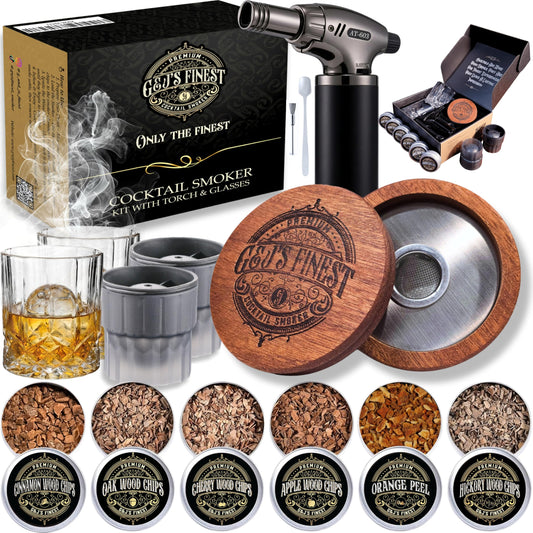 G & J's Finest coffret ouvert avec verres, prêt à créer un Old Fashioned fumé