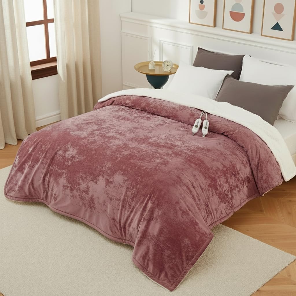 GarveeHome vue avant du plaid chauffant rose montrant sa couverture queen confortable