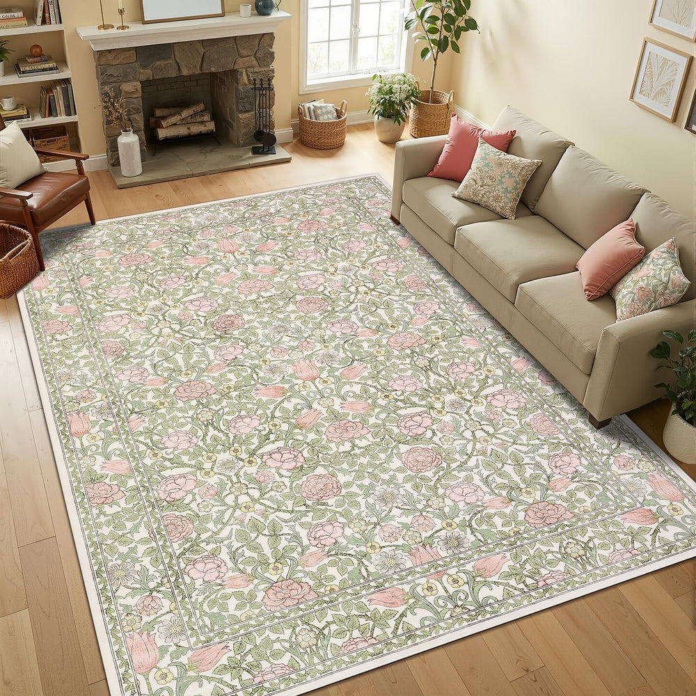GarveeHome tapis 5x7 face avant montrant motif floral et ambiance chaleureuse