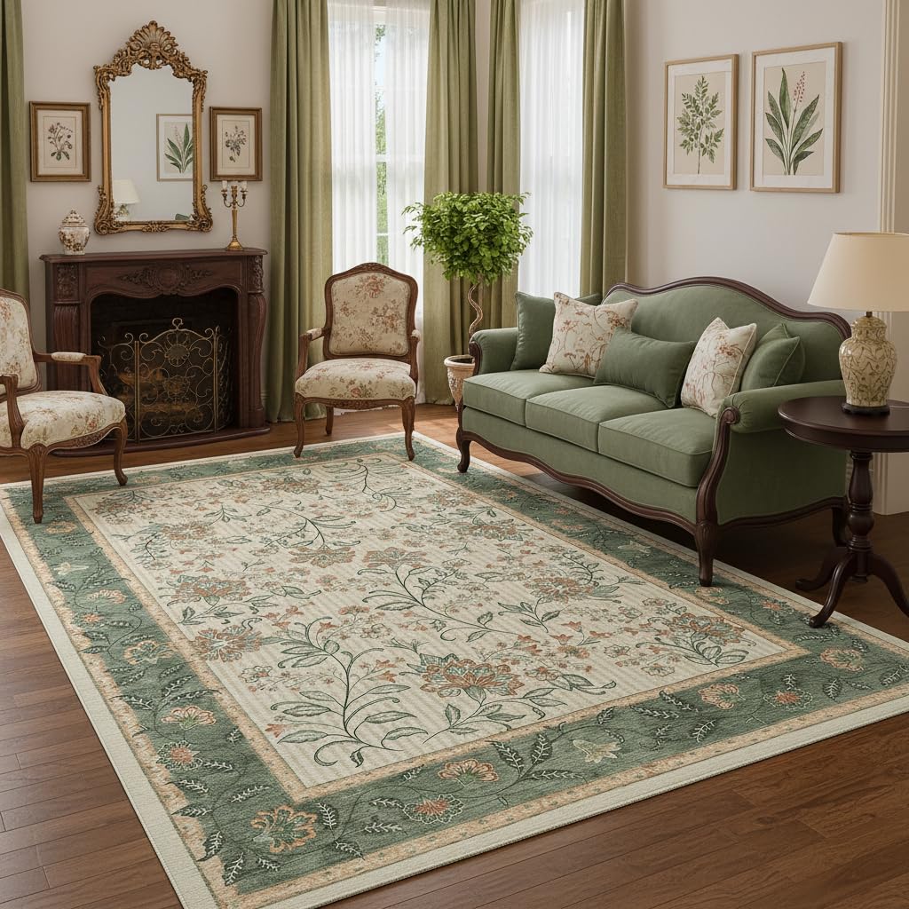 GarveeHome face avant du tapis 5x7 sauge montrant le motif et l'harmonie des couleurs