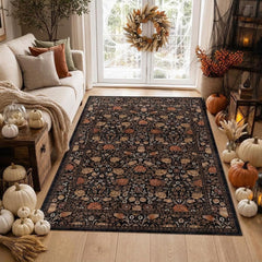 GarveeHome vue de face du tapis marron foncé montrant motif floral, apporte chaleur décorative