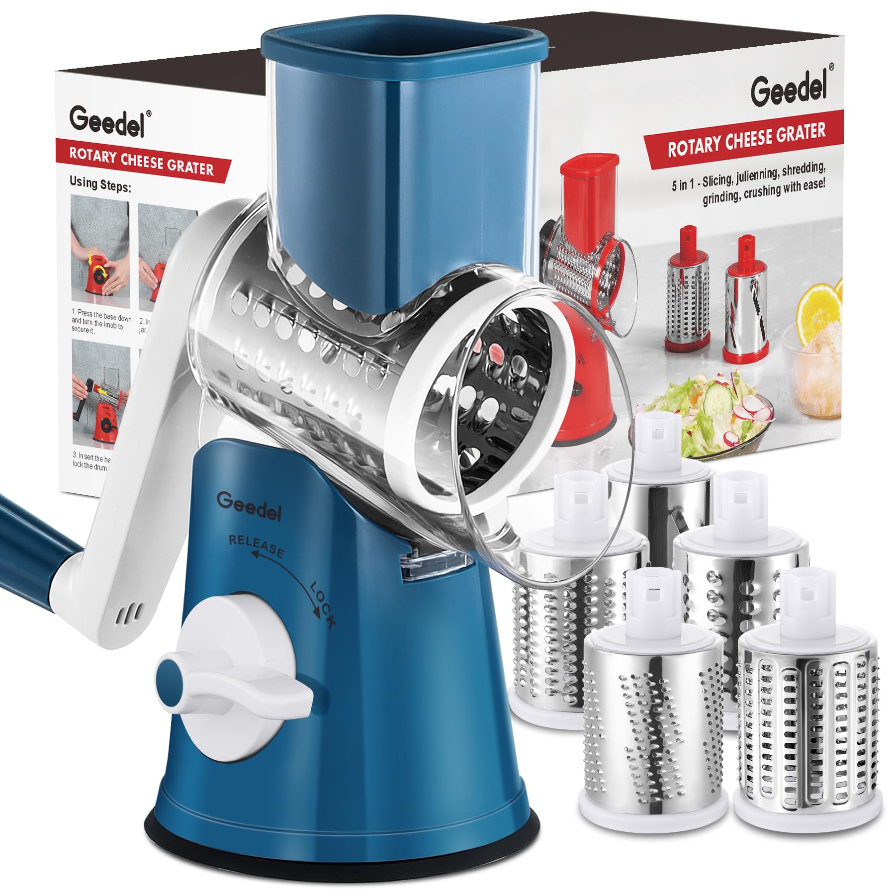 Geedel vue frontale du produit montrant la râpe rotative pratique et compacte