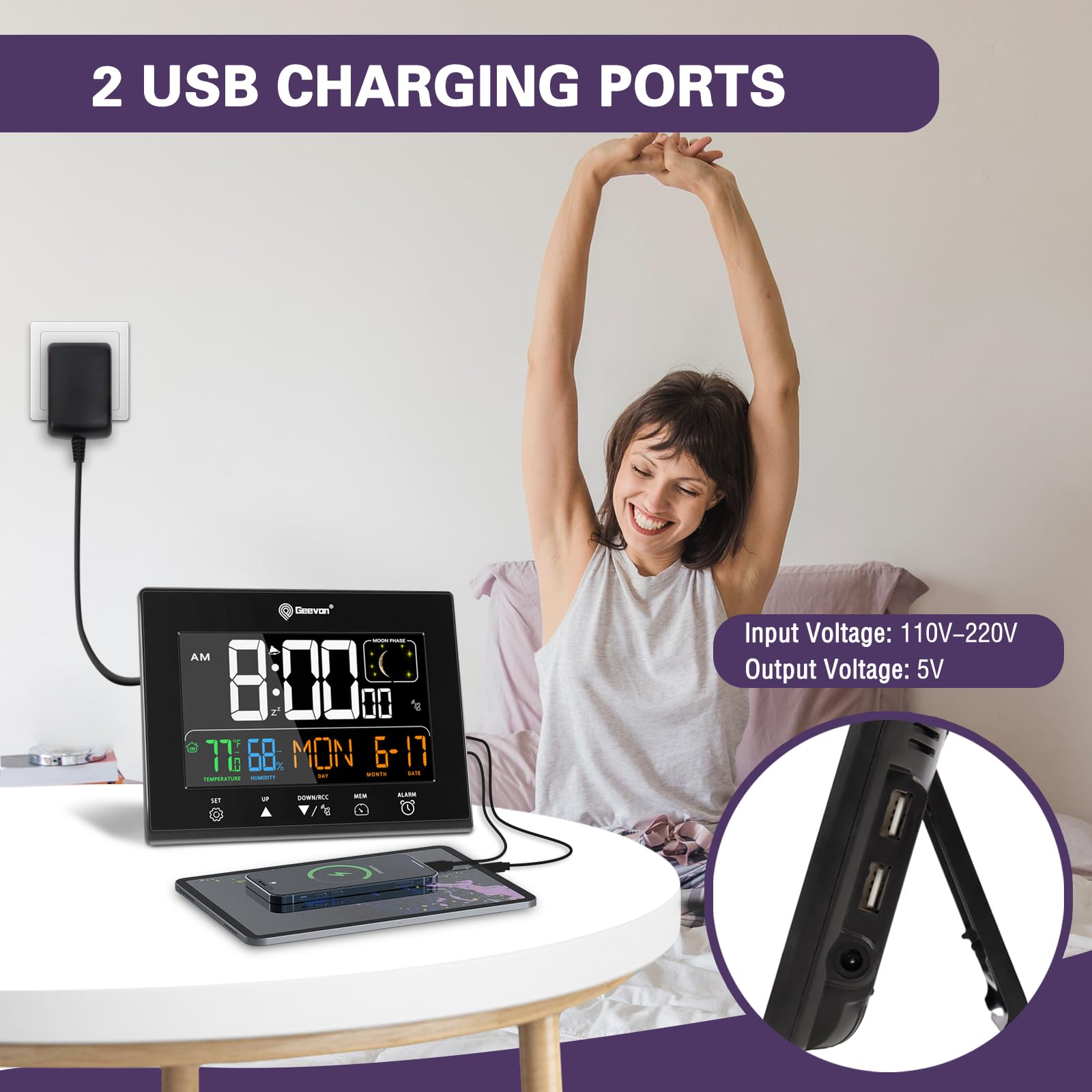 Geevon côté montrant deux ports USB recharge rapide pratique
