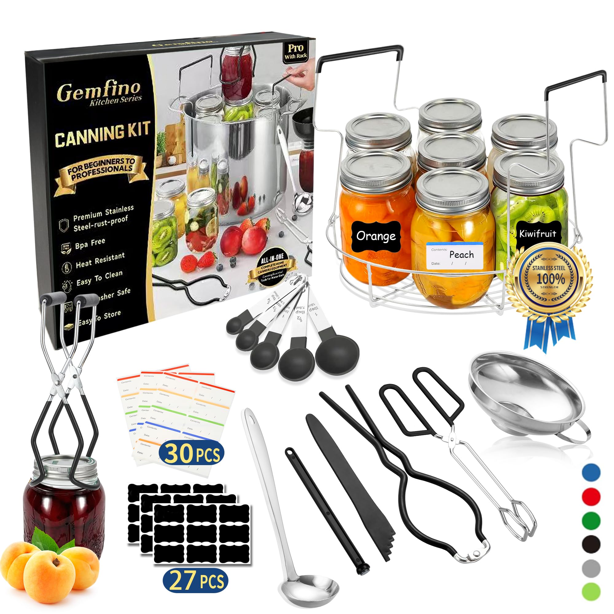 Gemfino kit complet posé sur une table, montre les 11 outils pour démarrer la mise en conserve
