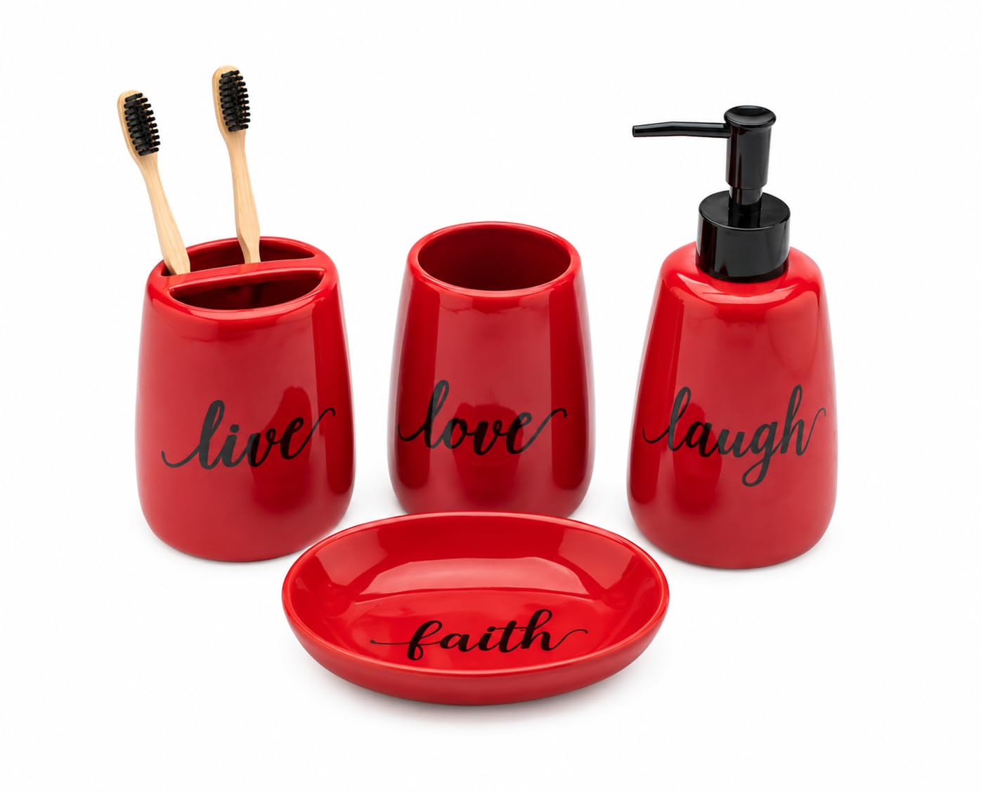Generic ensemble 4 pièces en céramique rouge présenté de face pour organisation du plan de toilette