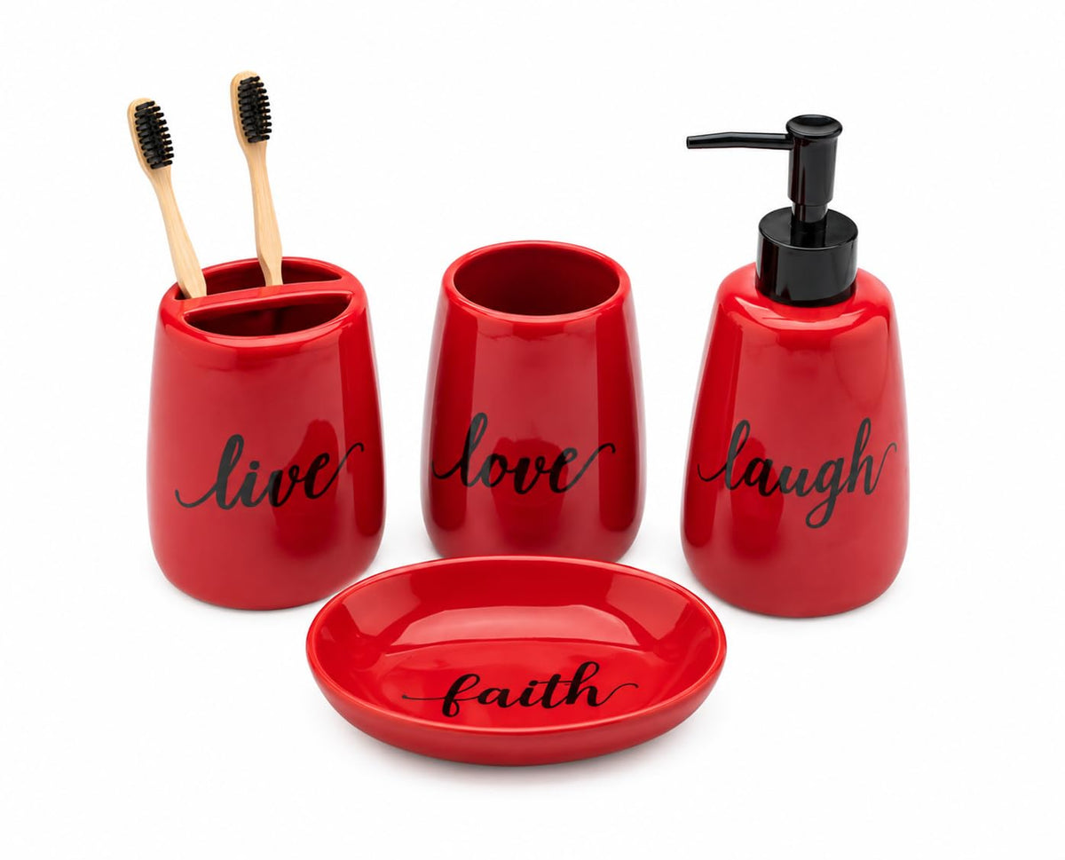 Generic ensemble 4 pièces en céramique rouge présenté de face pour organisation du plan de toilette