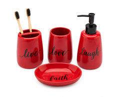 Generic ensemble 4 pièces en céramique rouge présenté de face pour organisation du plan de toilette