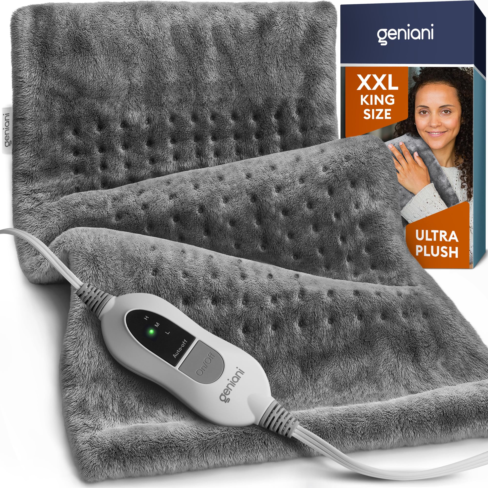 GENIANI vue frontale du coussin chauffant XXL montrant couverture et couleurs, confort immédiat