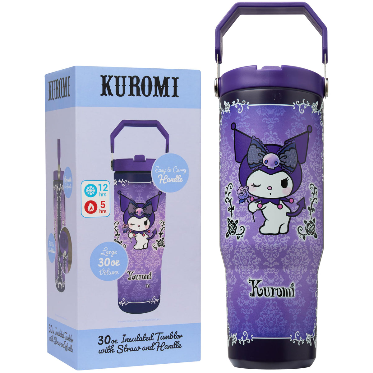 Get Trend Kuromi face avant violet montrant motif kawaii et visuel attrayant