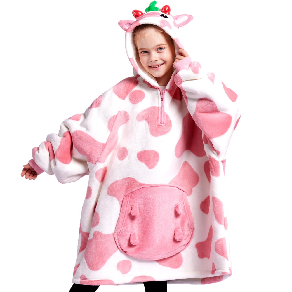Giggling Getup devant du poncho fraise vache montrant le motif amusant et confort