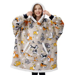 Giggling Getup vue avant du hoodie-couverture gris motif chien, confort instantané