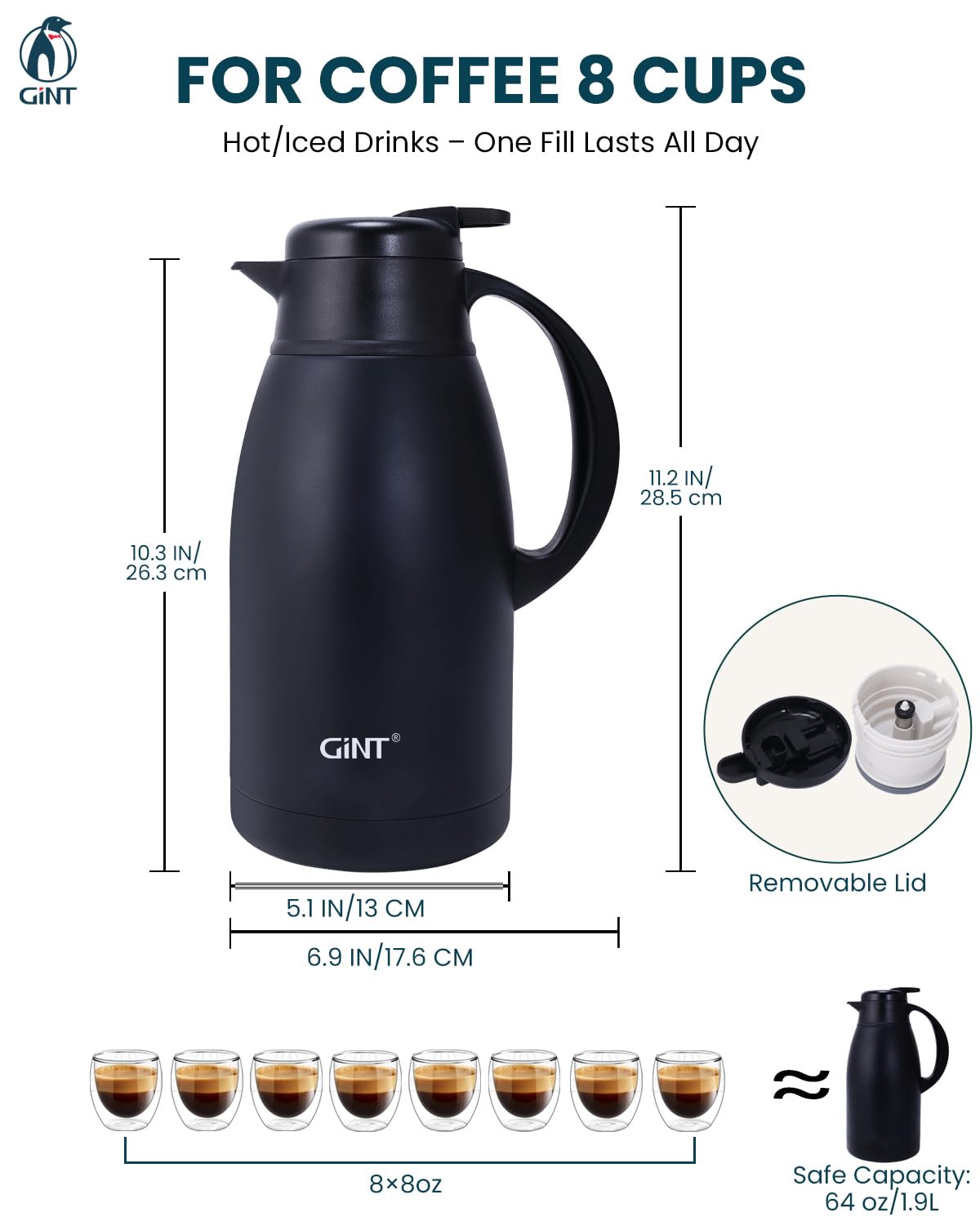 GiNT carafe bec et bouton poussoir pour versement précis sans goutte