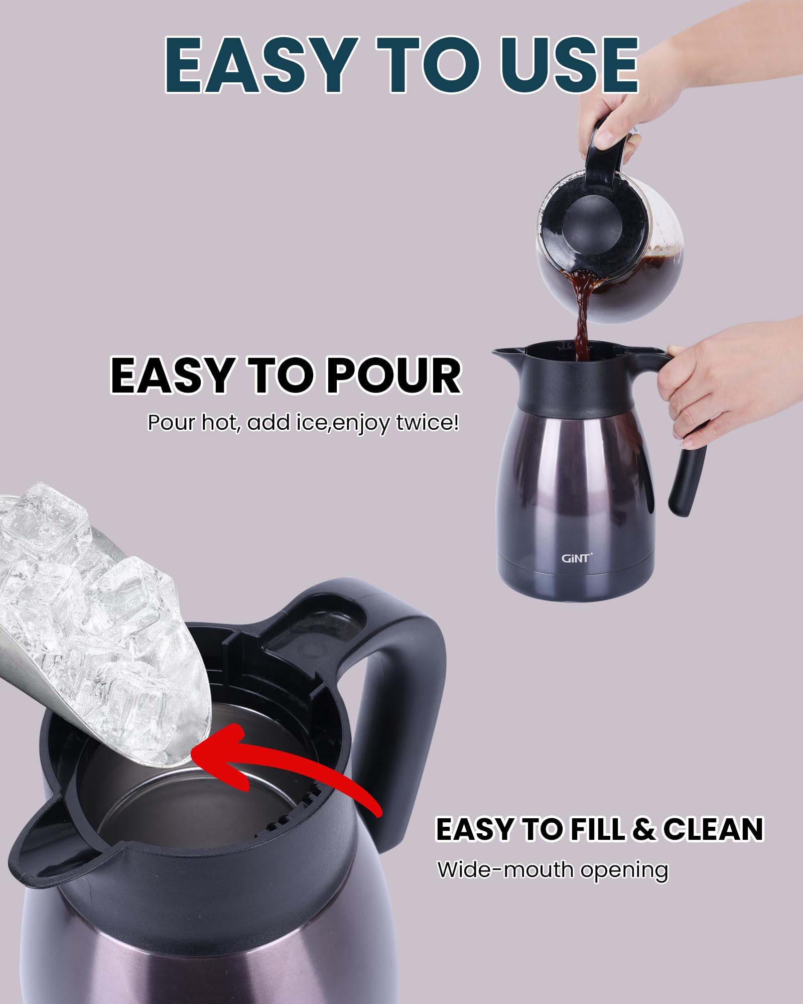 GiNT carafe à côté d'une main pour échelle, capacité 1 litre claire