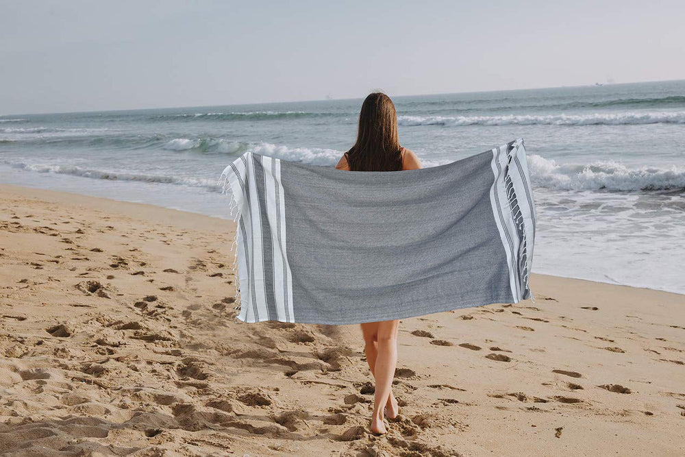 GLAMBURG serviette en usage sur plage démontrant absorption rapide
