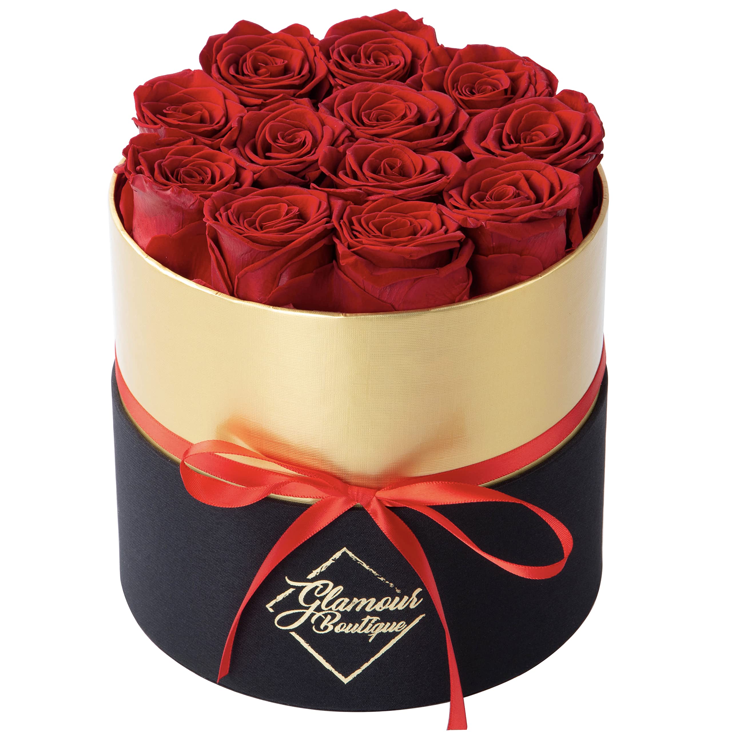 GLAMOUR BOUTIQUE boîte cœur ouverte montrant 12 roses, cadeau esthétique et durable