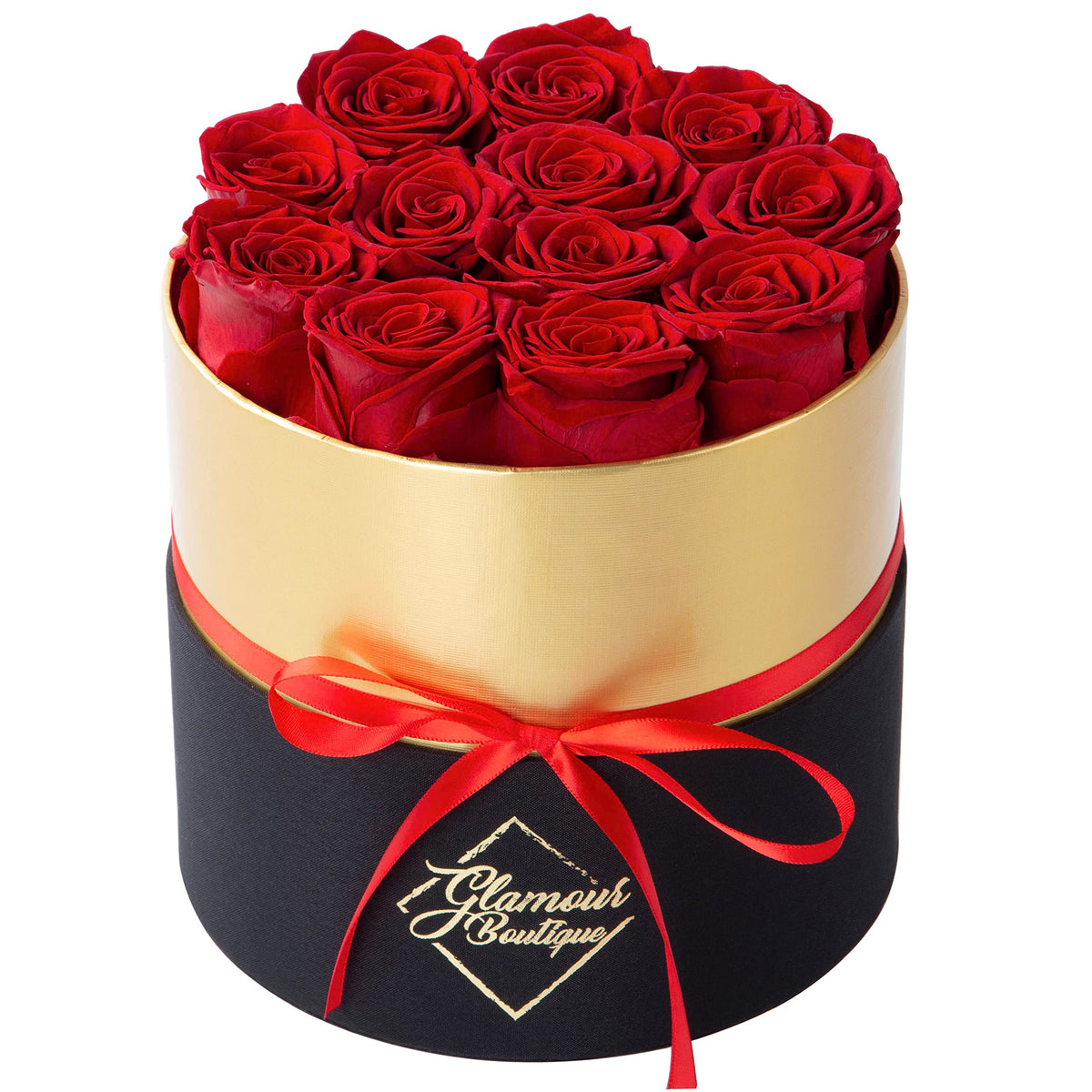 GLAMOUR BOUTIQUE boîte cœur ouverte montrant 12 roses, cadeau esthétique et durable