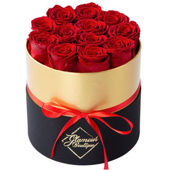 GLAMOUR BOUTIQUE boîte cœur ouverte montrant 12 roses, cadeau esthétique et durable