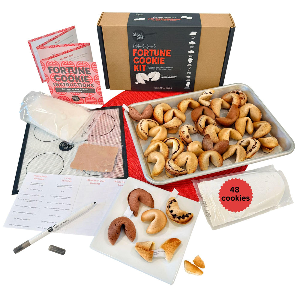 Global Grub boîte du kit DIY fortune cookie montrant contenu complet et praticité