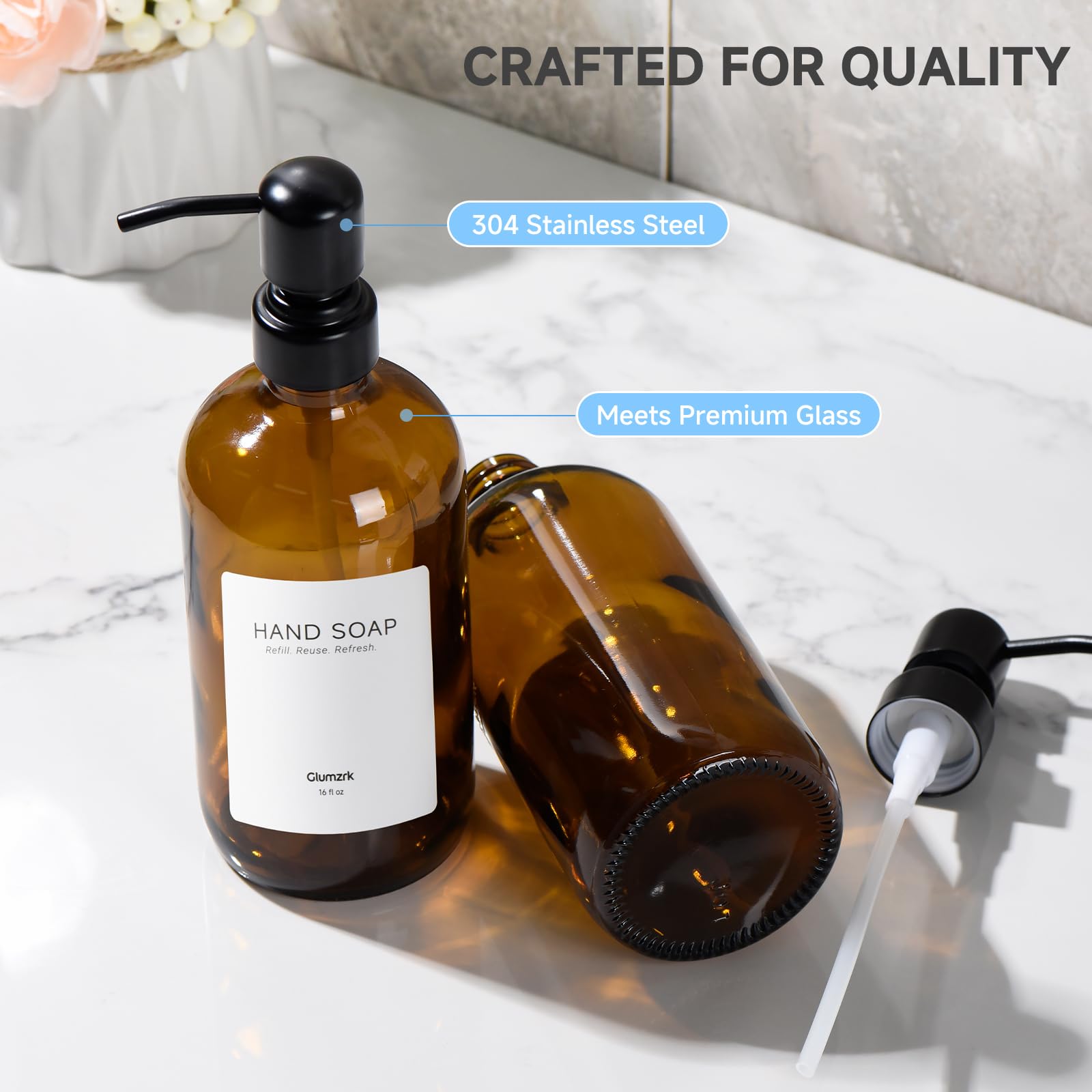 glumzrk pompe inox détail délivrant savon sans fuite et résistante à la rouille