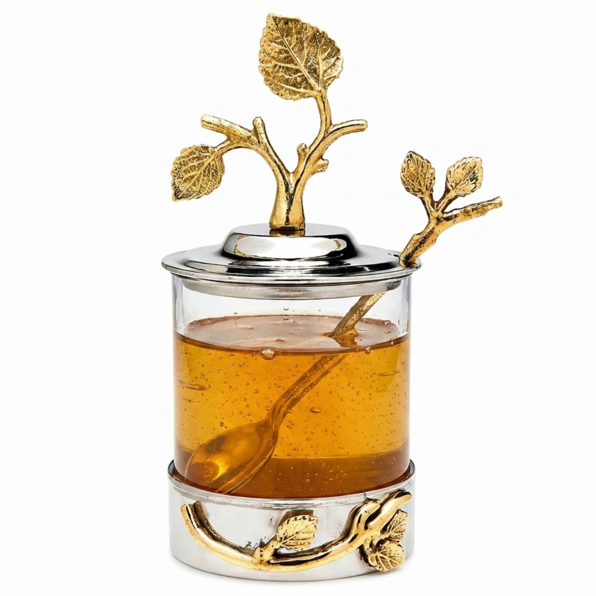Godinger pot à miel vue de face, design inox élégant pour service soigné