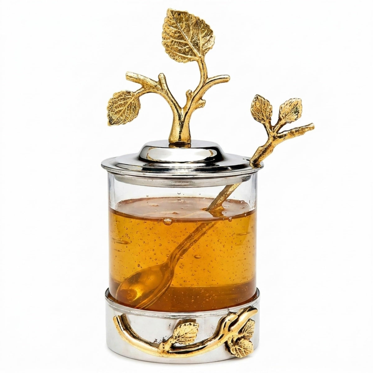 Godinger pot à miel vue de face, design inox élégant pour service soigné