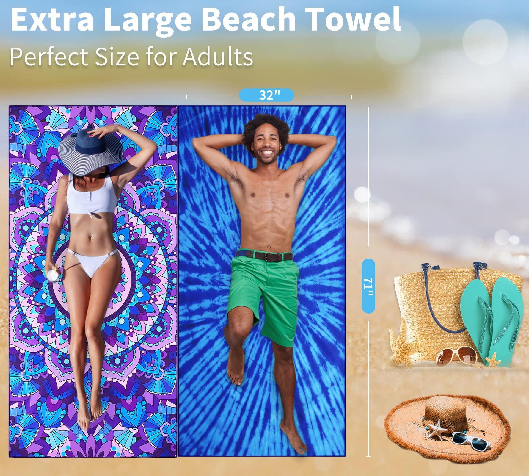 Gomust serviette étalée sur plage sans sable visible, confort total