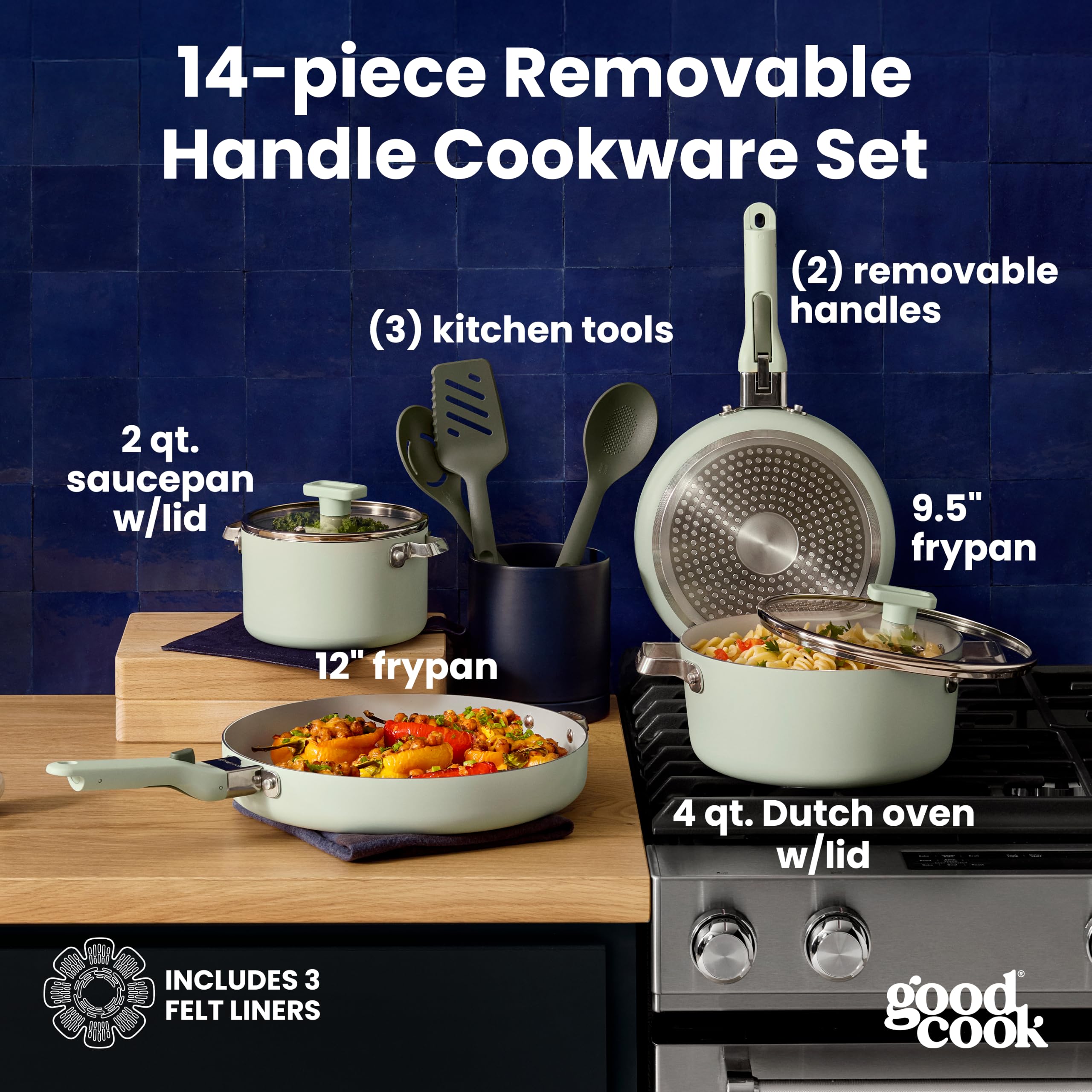 GoodCook poignée amovible montrant le verrouillage sécurisé pour stabilité