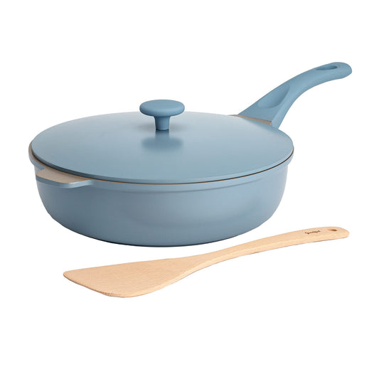 Goodful face avant de la poêle 11" montrant le design Blue Mist et gain de place