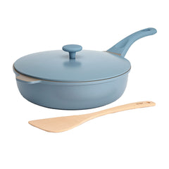 Goodful face avant de la poêle 11" montrant le design Blue Mist et gain de place