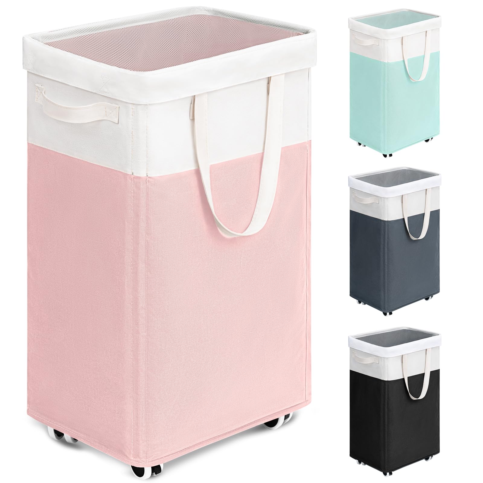 Goodpick vue avant du panier à linge 75L rose et blanc, rangement élégant