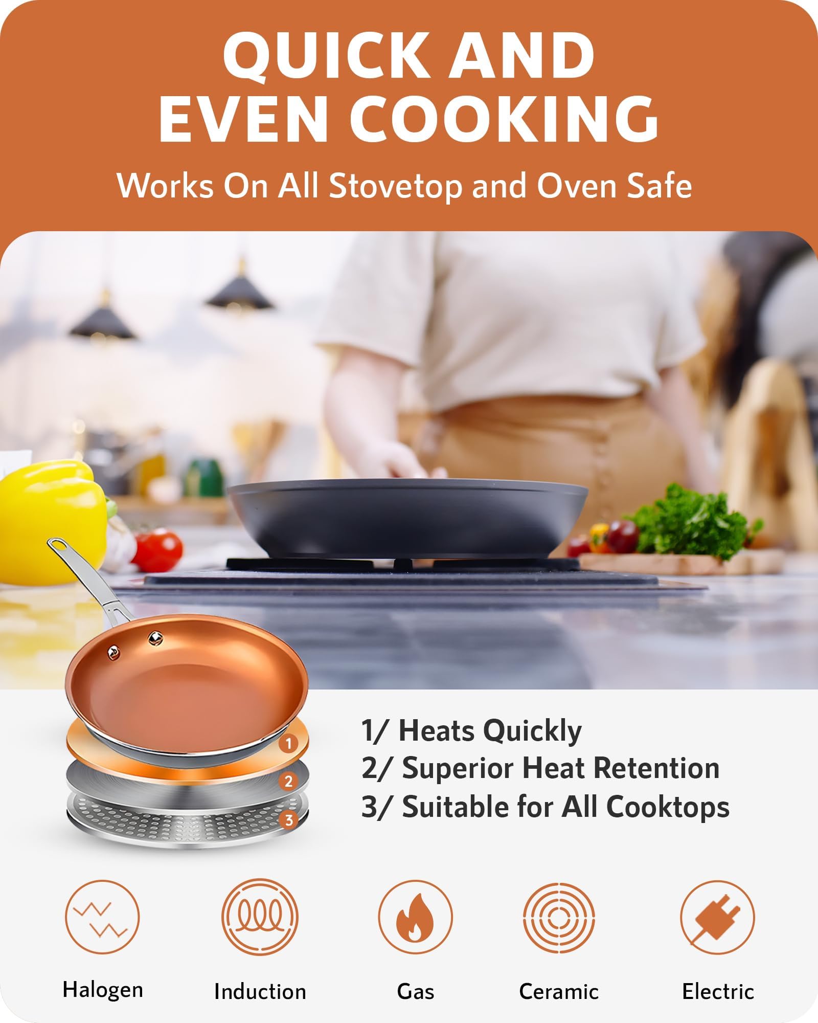 GOTHAM STEEL poêle en cuisson sur plaque induction montrant distribution chaleur uniforme