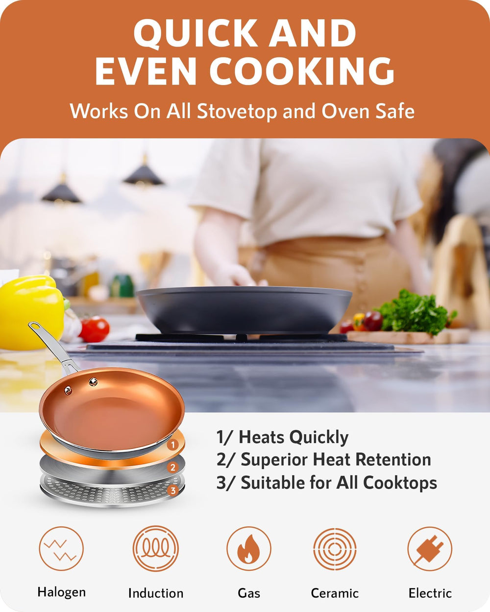GOTHAM STEEL poêle en cuisson sur plaque induction montrant distribution chaleur uniforme