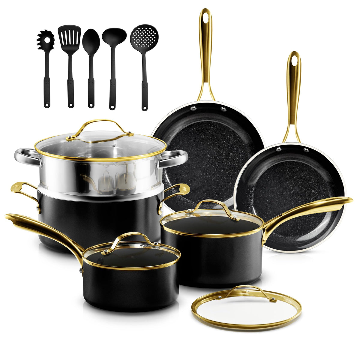 GOTHAM STEEL ensemble face montrant coffret complet et gain de place