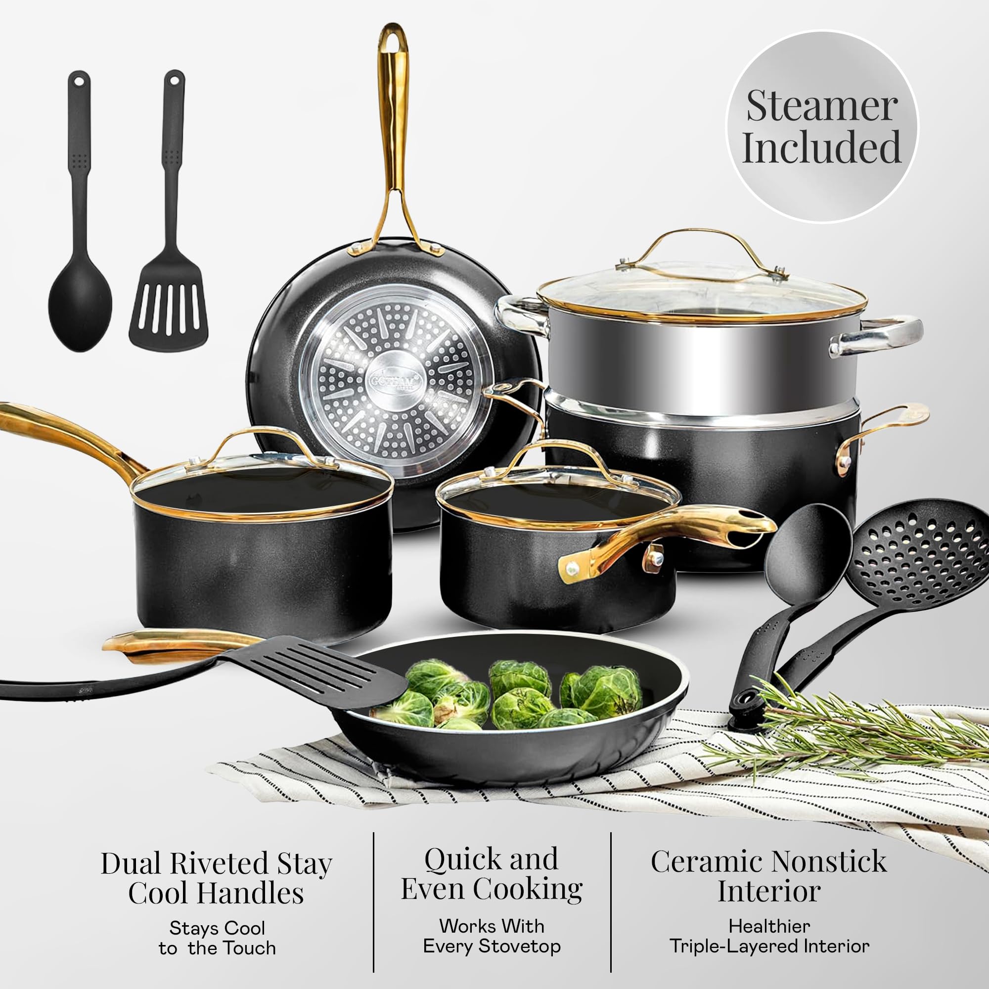 GOTHAM STEEL marmite avec panier vapeur illustrant cuisson vapeur pratique