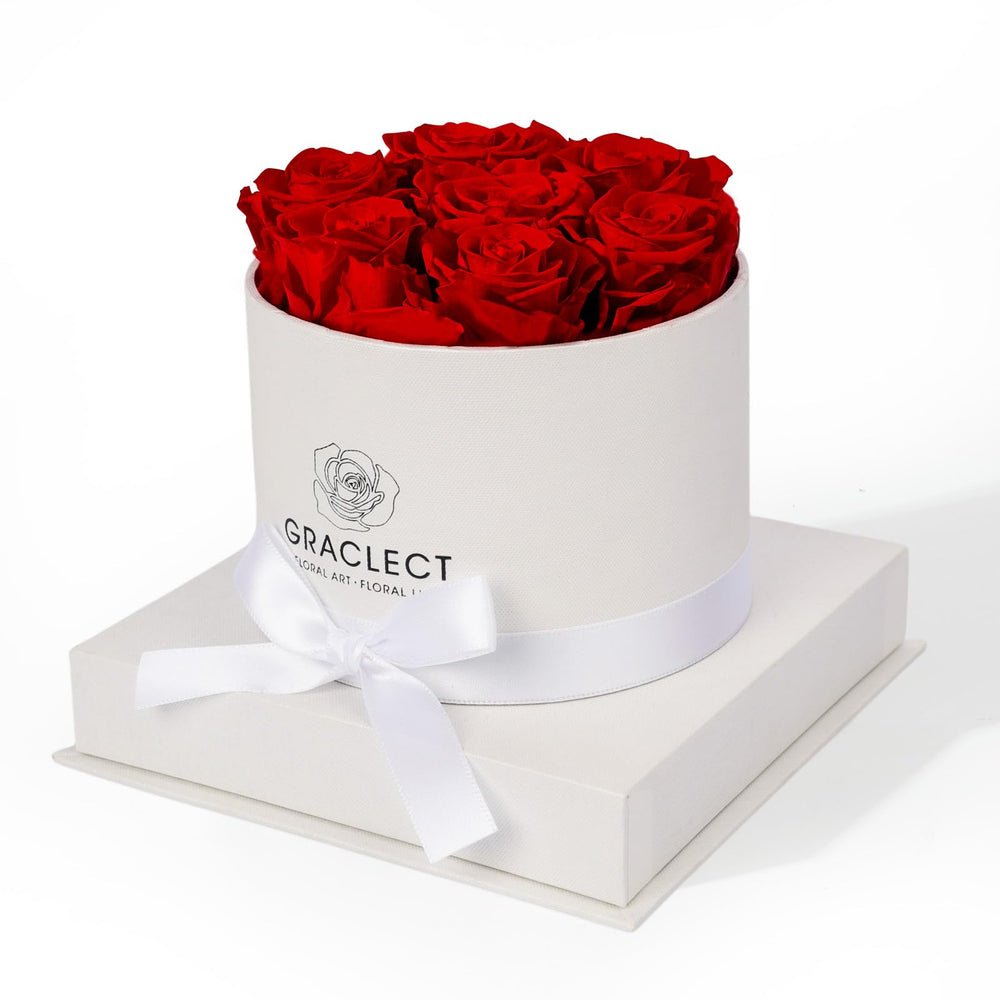Graclect boîte avant montrant sept roses rouges, élégant cadeau durable