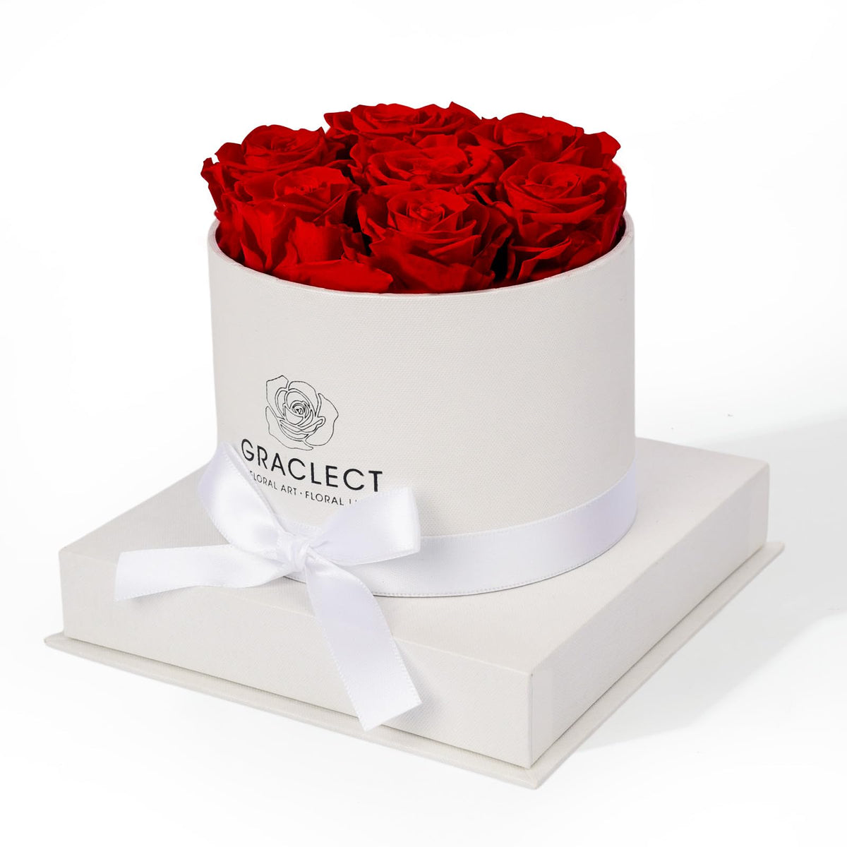 Graclect boîte avant montrant sept roses rouges, élégant cadeau durable