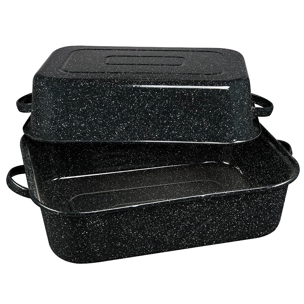 Granite Ware rôtissoire face avant montrant forme et poignée pour manutention sûre