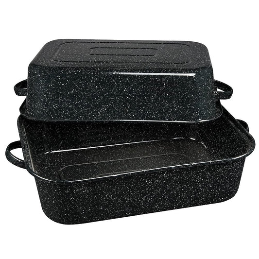 Granite Ware rôtissoire face avant montrant forme et poignée pour manutention sûre