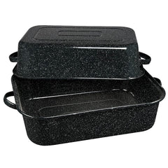 Granite Ware rôtissoire face avant montrant forme et poignée pour manutention sûre