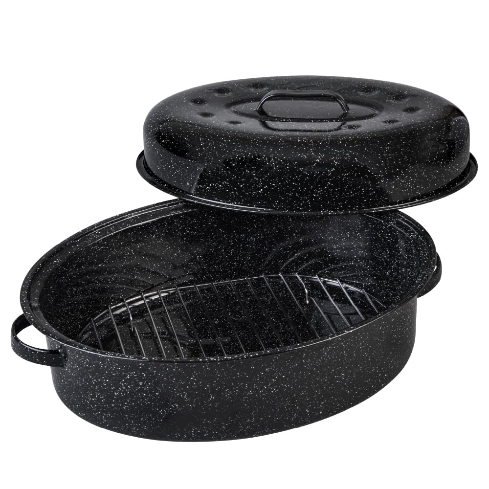 Granite Ware rôtissoire ovale face avant montrant capacité et poignée pratique