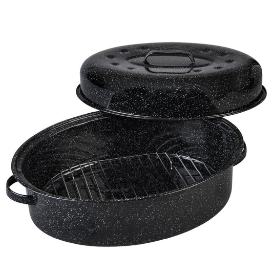 Granite Ware rôtissoire ovale face avant montrant capacité et poignée pratique