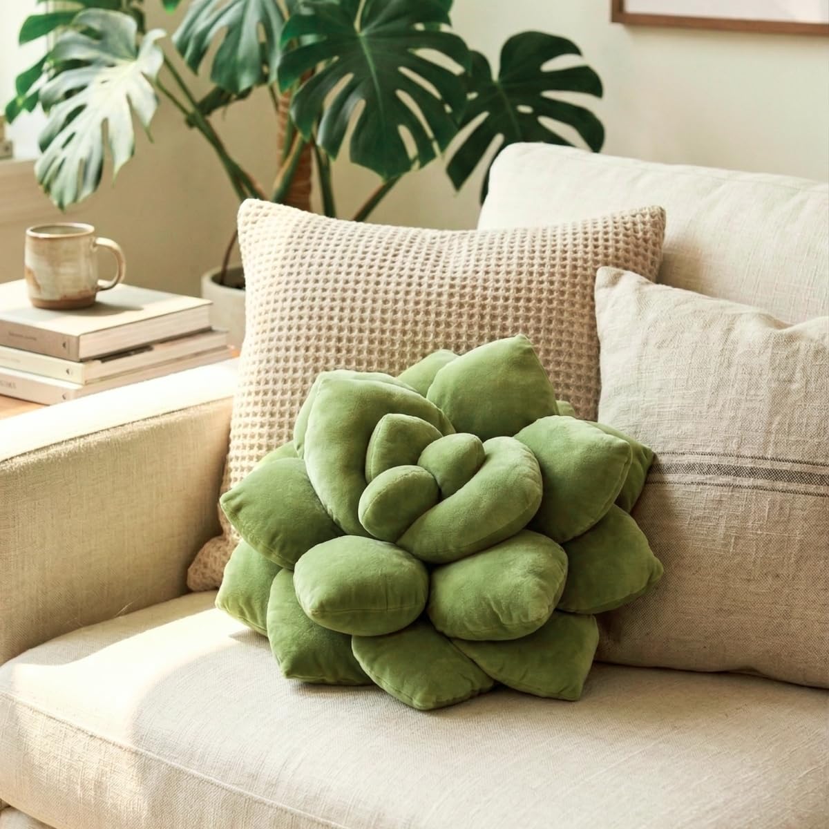 Green Philosophy Co. coussin vue avec règle montrant diamètre approximatif de 16 pouces utile pour évaluer taille