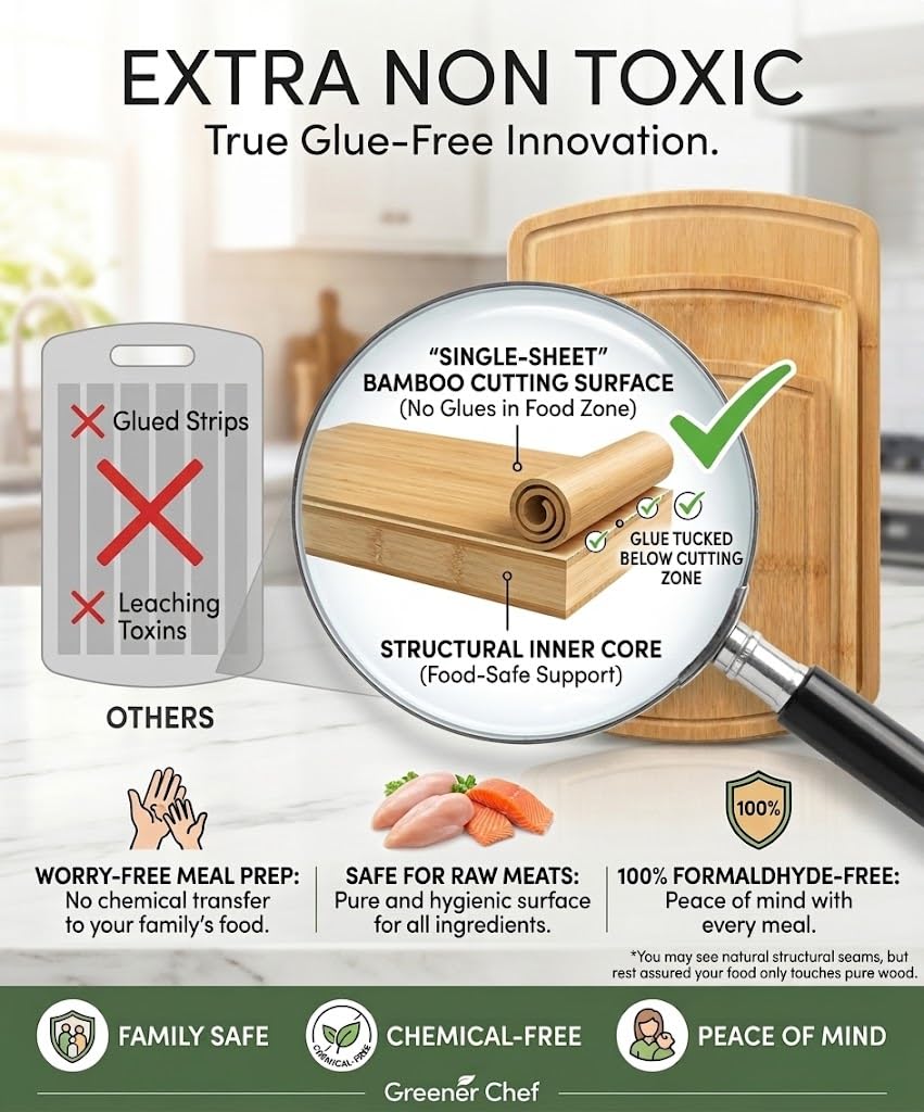 Greener Chef gros plan surface bambou sans colle illustrant hygiène accrue